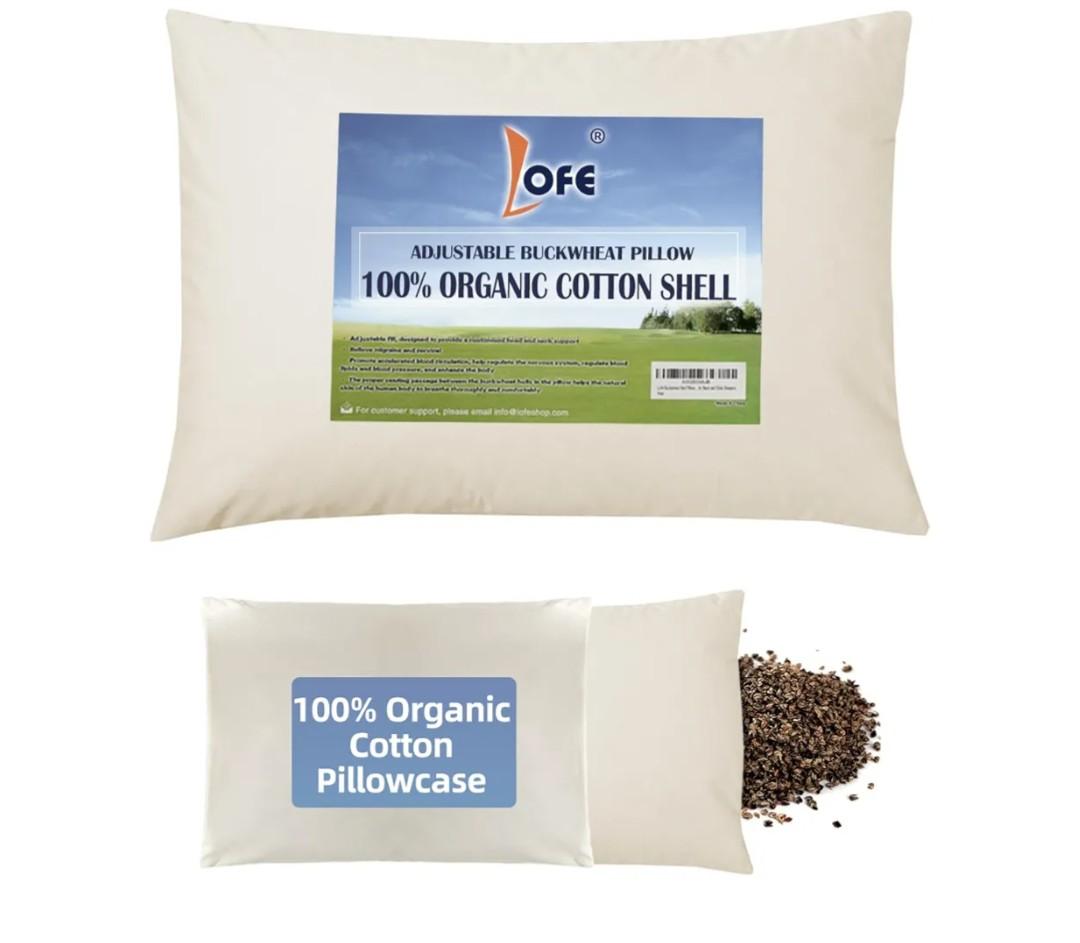 LOFE® Organic Buckwheat Pillow for Sleeping with Organic Cotton Pillowcase - 20''x26'' Adjustable Pillow, Breathable for Cool Sleep, Cervical Support for Back and Side Sleeper(Tartary Buckwheat Hulls)