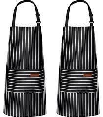 Handepo 2 Pcs Kitchen Aprons with Pockets Adjustable Waterproof Cotton Aprons Striped Apron for Women Men Chef Baking Cooking(Narrow Stripes,Black)