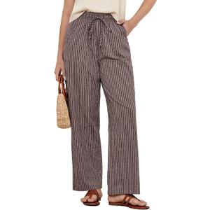 GRAPENT Striped Pants for Women High Waisted Wide Leg Cotton Linen Trendy Beach Pull on Elastic Waist Casual Flowy Pants, L