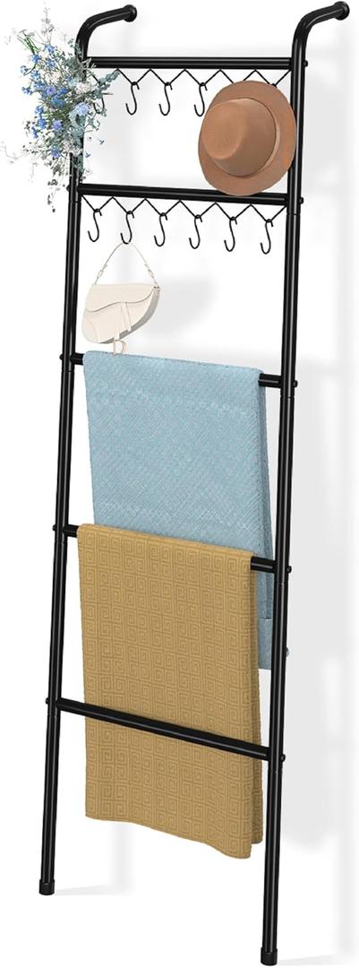 Simple Trending Blanket Ladder5 Tier Metal Towel Rack with 12 Hooks, 79'' Metal Style Decorative Ladder for The Living Room Bedroom Bathroom Home Decor, Black