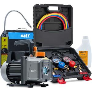 Orion Motor Tech R1234yf AC Vacuum Pump and Gauge Set, 1/3 hp 4 cfm Vacuum Pump Manifold Gauge Kit with Leak Detector 3 Hoses & Adapter for R1234yf, A/C Vacuum Pump Kit for Auto HVAC Systems