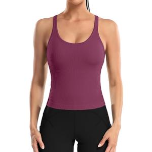 ATTRACO Women Ribbed Workout Crop Tops with Built in Bra Yoga Racerback Tank Top Tight Fit (8, Burgundy)