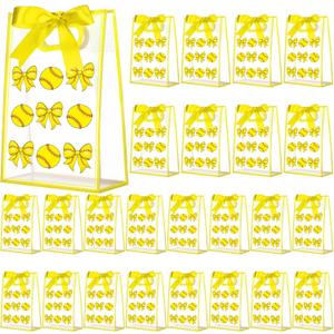 Sunnymove 36 Pcs Cheer Clear Plastic Gift Bags with Handles 10 x 7 x 3.1 Inch Reusable Clear Goodie Snack Treat Gift Bags with Ribbon for Cheerleader Teammates Sport Party Supplies (Softball Bow)