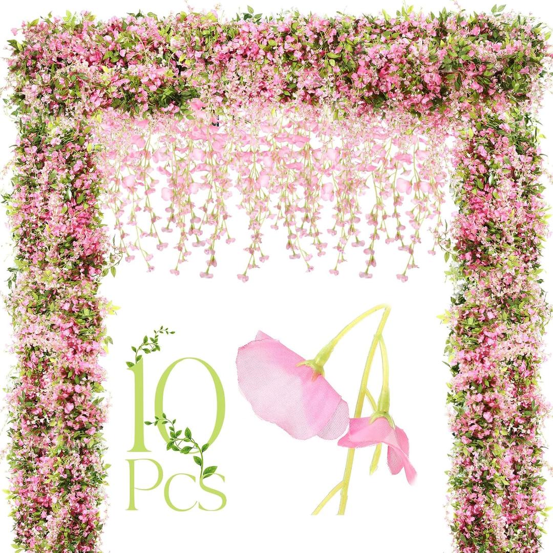 Crowye 10 Pcs 7.2ft/pcs Artificial Flowers Wisteria Garland Artificial Wisteria Vine Hanging Flower Decorations Flower Vines for Outdoor Wedding Wall Arch Party Backdrop Floral Decor (Pink)
