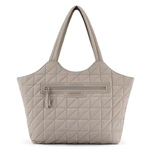 BAGSMART Tote Bag for Women, Quilted Travel Top Handle, Large Shoulder HandBags with Zipper for Work (Medium, 14l-beige)