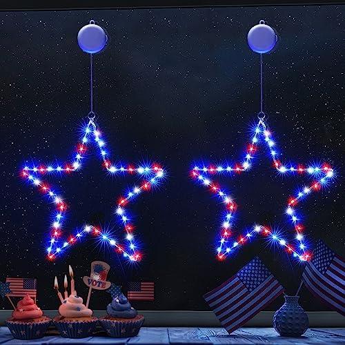 BlcTec 4th of July Decorations, Only 1  Pack Patriotic Red White Blue Star Window Lights with Suction Cups, Timer, Battery Operated Durable Metal Frame Silhouette Lights for July 4th Window Wall Decorations