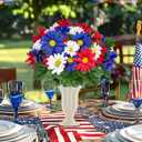 44 Heads Artificial Cemetery Flowers for Grave, 2 Bouquets UV Resistant Outdoor Grave Decorations Daisies, Red White Blue Patriotic Memorial Flowers for Veterans Outdoor Indoor USA 250th Anniversary