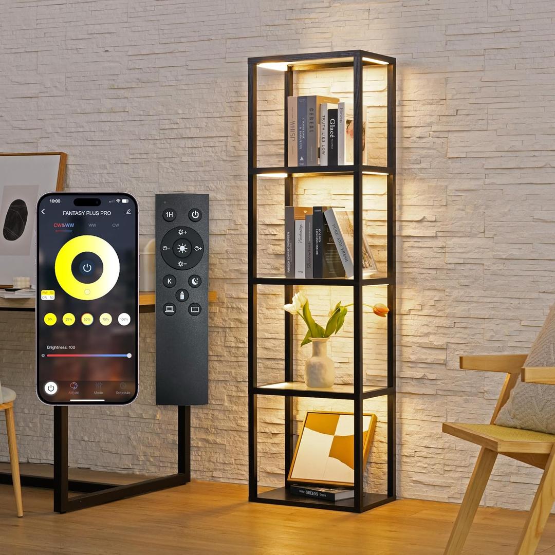 LED Display Shelf with Lights  Glass Display Cabinet for Collectibles with Dimmable Lighting, App & Remote Control  66 Curio Shelf Floor Lamp with Adjustable Color Temps  FENLO Fantasy Plus Pro (Black)
