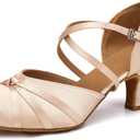 Women's Latin Ballroom Dance Shoes Closed Toe Salsa Waltz Tango Performance Dancing Practice Shoes (7.5, Nude)