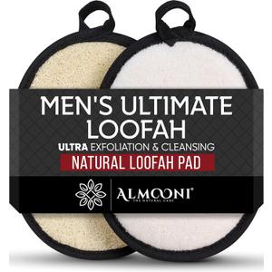 Almooni Natural Exfoliating Loofah for Men, Lightly Abrasive Egyptian Loofah Body Scrubber for Men, Dual-Sided with Cotton Back, Hand Strap, Black, 2-Count