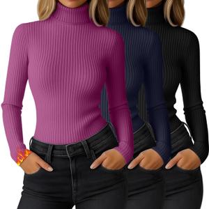 Ficerd 3 Pack Women's Ribbed Thermal Turtleneck Tops Long Sleeve Stretch Shirts Knitted Fitted Lightweight Base Layer (XX-Large, Black, Navy Blue, Fuchsia)