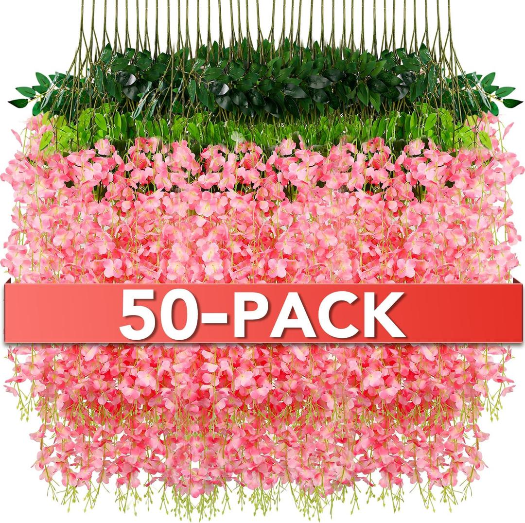 Wisteria Hanging Flowers, Fake Hanging Flowers, Wisteria artificial Garland for Home Wedding Arch Floral Party Garden Ceremony Outdoor Decor,3.6 feet Long(50, Pink)