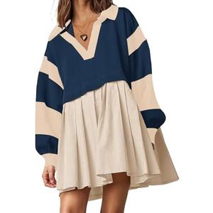 SAUKOLE Women’s Oversized Casual Sweatshirt Patchwork Dress Fall Long Sleeve Trendy Lapel Neck Pleated Mini Dress Small