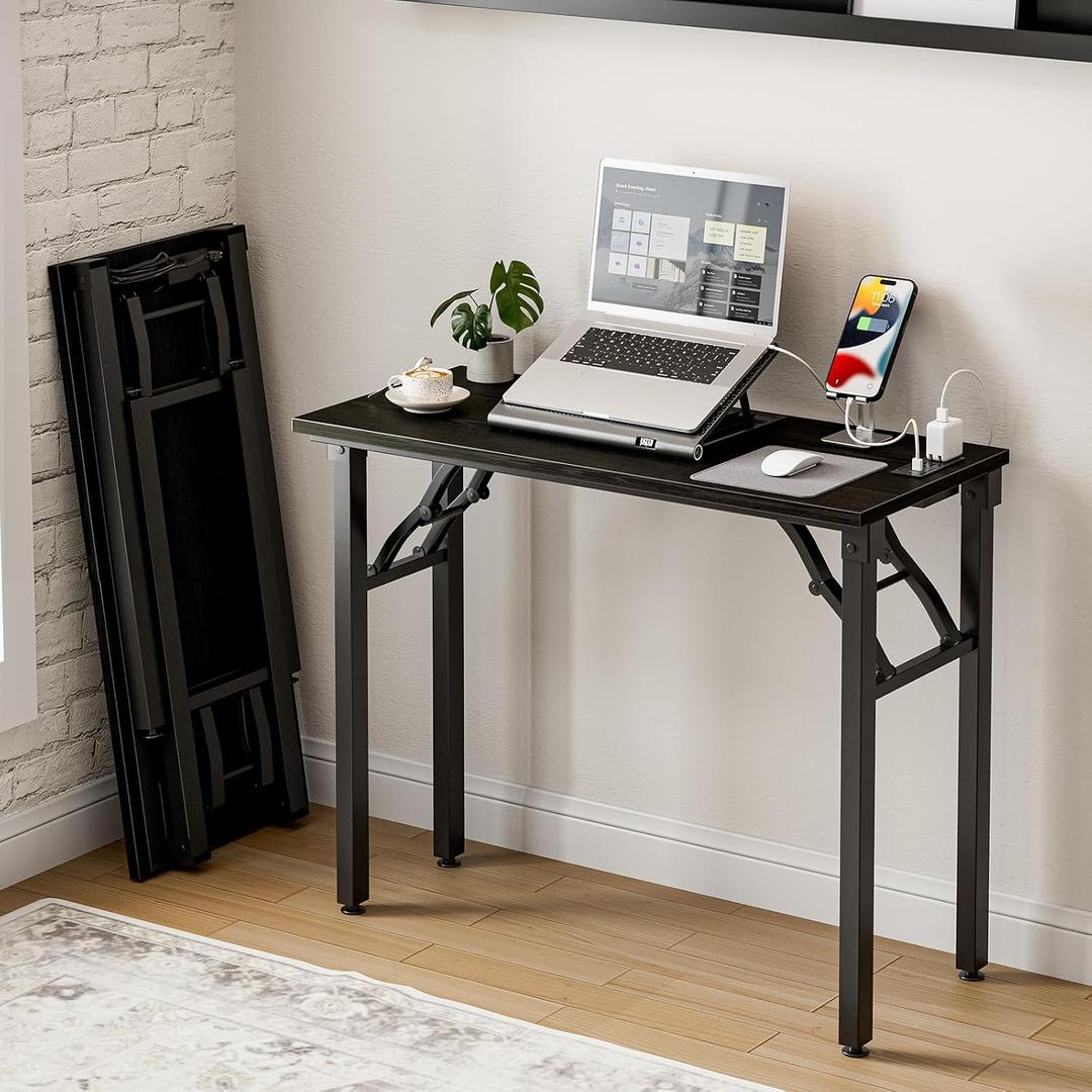 Frylr Small Folding Computer Desk 35.8 Inch Portable Table for Craft and Study, Lightweight Desk for Small Spaces, Foldable Laptop Table Built-in AC/USB Outlets for Convenience, Dark Oak,  35.8 X 15.7 Inch