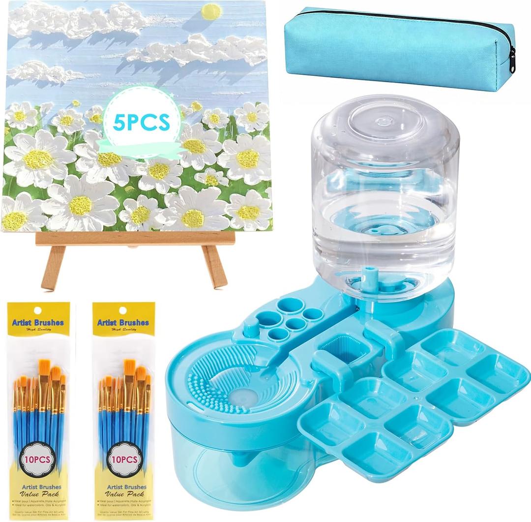 2026 Next-Gen Paint Brush Cleaner Tool [One-Press Cleaning & Leak-Proof] Complete Brush Washer Art Set with Canvas, Brushes & Pencil Case | Ideal Gift for Artists, Beginners & Students-Blue