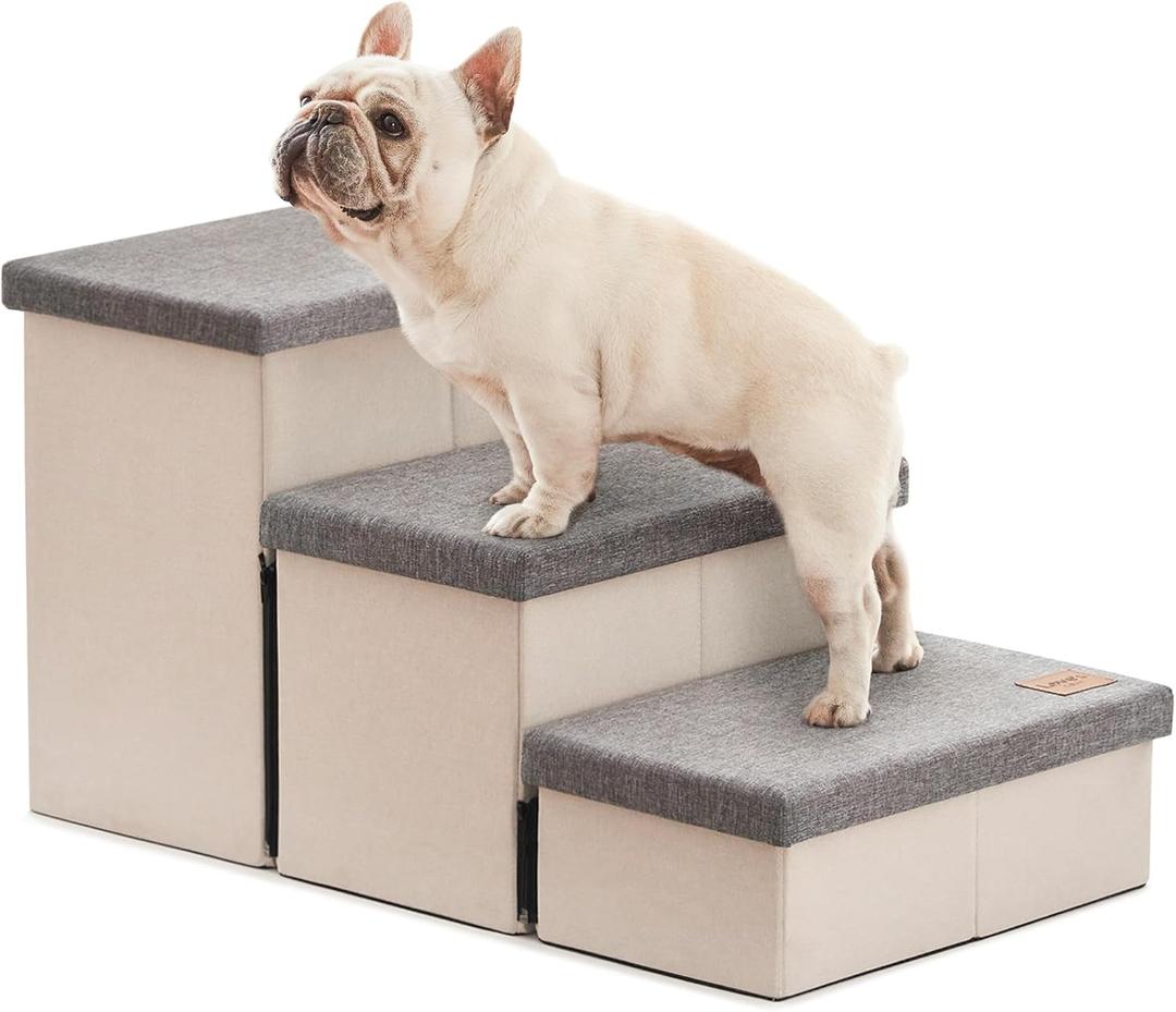 Love's Cabin Dog Stairs for High Bed 18" H, Foldable Pet Stairs for Dogs, Puppy with Storage for Bed or Couch, Cat Dog Steps Ramp with Zip up to 200 lbs, Light Grey, 3 Steps (29.5"Dx17"Wx17.7"H)
