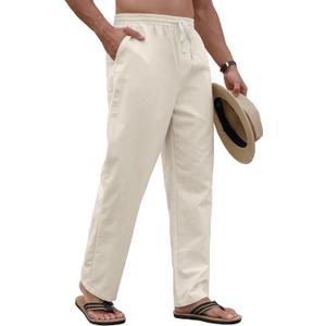 PLEPAN Men's Linen Pants Elastic Waist Drawstring Casual Summer Beach Lightweight Yoga Trousers Loose Fit (Large, Beige)