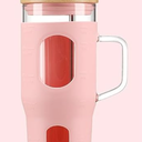 32 oz Glass Tumbler with Lid and Straw,Glass Water Bottles with Handle,Glass Cup with Time Marker and Silicone Sleeve, Fits in Cup Holder BPA Free-Pink