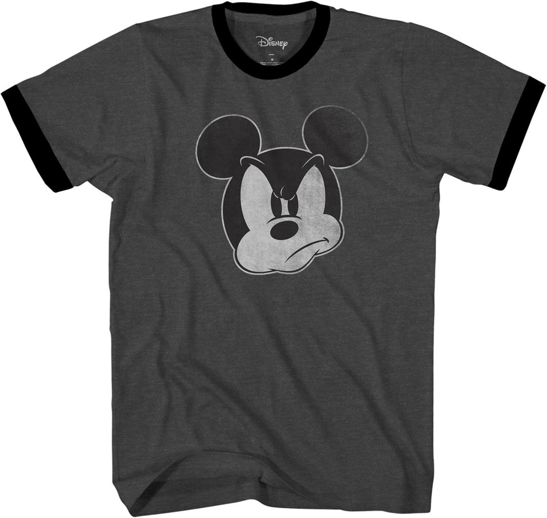 Disney Mad Mickey Mouse Distressed Ringer Design T-Shirt Adult Men's Tee (Premium Charcoal Heather/ Black, 3X-Large)