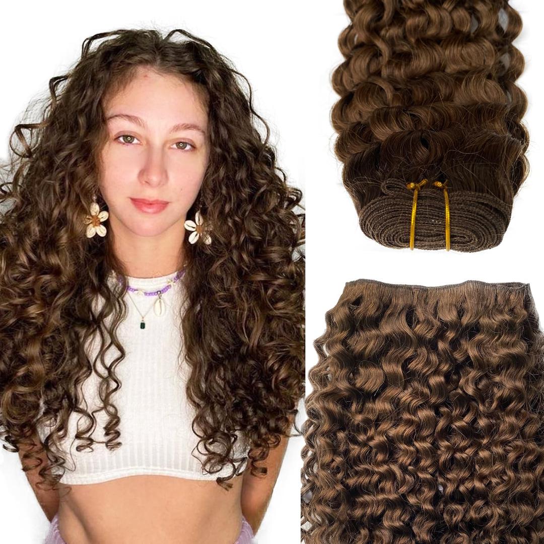 Sew in Hair Extensions Real Human Hair 24 Inch Chocolate Brown Hand Tied Weft Hair Extensions Human Hair Double Weft Full Head Curly Brown Human Hair Weaves Bundles 120G Hair Weft Weave Extensions
