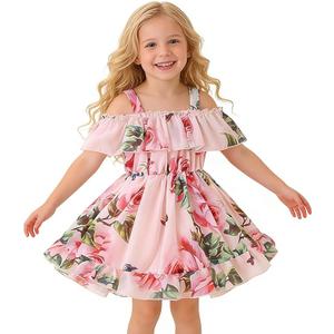 AGQT Girls Summer Dress Floral Boho Off Shoulder Ruffle Casual Sundress Cute Tiered Chiffon Outfit for Beach Vacation 110