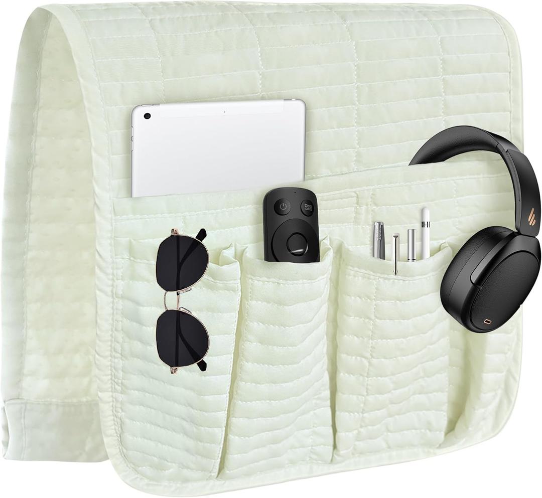 MEHIDFY Sofa Armrest Caddy, Waterproof Bedside Storage Organizer, Non Slip Armchair Pockets, Remote Control Holder for Couch, Handy Pouches with 6 Pockets for TV Remote, Phone, Magazine(White)