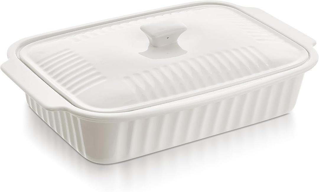 Large Baking Dish with Lid,5.5 Quart Lasagna Pan with Lid, 13.5x9 inch Ceramic Casserole Dish with Lid, Microwave, Dishwasher Safe, White