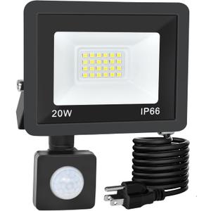 Motion Sensor Flood Light Outdoor, 20W Plug in Motion Sensor Light with 4.9ft Cord, IP66 Waterproof Floodlights with Photocell 6000K Super Bright Security Light for Garden Patio