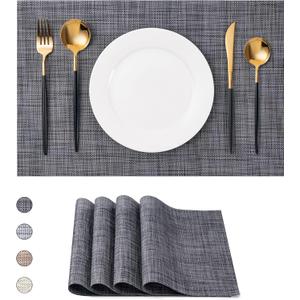 CADONO Placemats Set of 4 Washable Indoor/Outdoor Vinyl Place Mats for Dining Table Durable Non-Slip Heat Resistant PVC Weave Table MatsBlack