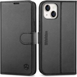 SHIELDON Case for iPhone 14 Plus 5G 2022, Genuine Leather Magnetic Folio Wallet Shockproof Cover Kickstand RFID Blocking Card Slots Compatible with iPhone 14 Plus 6.7" - Black