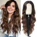 Long Brown Wigs for Women Ombre Brown Synthetic Hair Wig Natural Daily Hair Replacement Wigs Heat Resistant Fiber Hair Cosplay Party Wig (26in Ombre Brown) With 2 Pieces Wig Cap Natural Beige