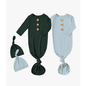 OPAWO Knotted Gown Baby Newborn Sleepers Baby Boy Coming Home Outfit, Bamboo Viscose Baby Gowns with Mitten Cuffs and Hat Set 0-3 M