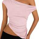 PRETTYGARDEN Womens 2025 Summer Off The Shoulder Crop Cute Tops Sleeveless One Shoulder Ruched Y2K Going Out Tank Top (Pink, Large)