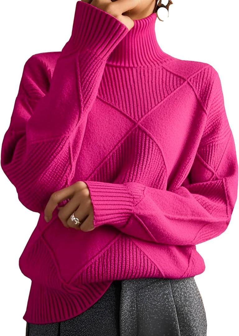Womens Turtleneck Oversized Cable Knit Sweaters 2025 Fall Winter Trendy Work Casual Pullover Cozy Warm Long Sleeve Knit Tops (Medium, Hot Pink)