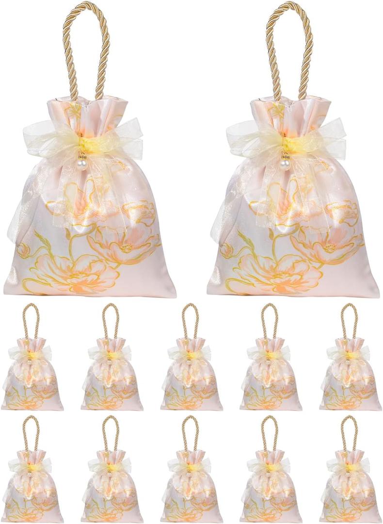 Liobelon 10 Pieces champagne Floral Small Gift Bags with Handles 6 x 5'' Satin Gift Bags Small Drawstring Jewelry Pouches Candy Bag Tea Party Favor Bags Wedding Favors Candy Boxes for Party