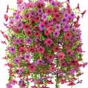 INQCMY Artificial Hanging Flowers with Basket for Spring Outdoor Decoration 3 Bunches of Silk Daisy Flower Uv Resistant for Garden Porch Patio Balcony Yard Decor (Purple Red)