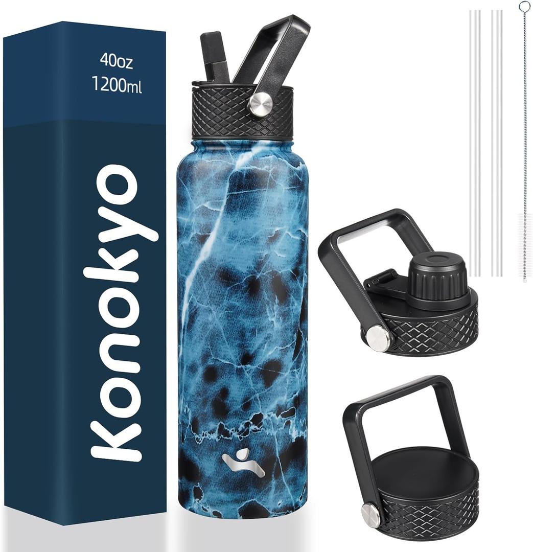 40oz Insulated Water Bottle Stainless Steel Sport Bottles with 3 Lids,Marble Ocean (40 Ounces)