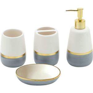 Grey Gold Bathroom accesory Set 4pc,Ceramic Bathroom Accessories Set Gray Bathroom Decor countertop Organize Include Toothbrush Holder soap Dispenser soap Dish Tumbler Cup Best Gift for Bath Storage