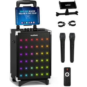 MASINGO Karaoke Machine for Adults and Kids, 40W Speaker with 8" Woofer, 2 Wireless Microphones, Bluetooth, USB, MicroSD, FM Radio, TV Connection, Tablet Holder, and Real-Time Karaoke Mode, Soprano X2