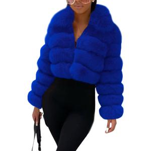 Loveimgs Women Fluffy Faux Fur Coat Cropped Jacket Puffer Jacket Zip Up Winter Warm Fuzzy Teddy Jacket (Medium, Royal Blue)