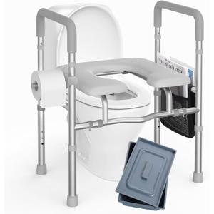 Raised Toilet Seat with Handles, HSA 400LB Adjustable Width and Height Elevated Toilet Seat Riser for Seniors with Cozy Padded Armrests Handles Paper Holder Bedside Commode for Elderly, Silver