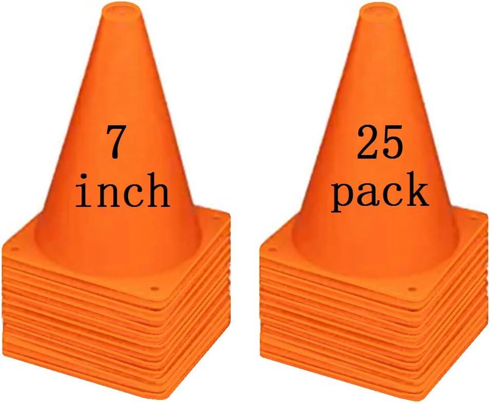 Soccer Cones (7 Inch 25 Pack), Agility Training Sports Cone Plastic with Carry Bag for Football Basketball Drills Field Markers, (Orange)