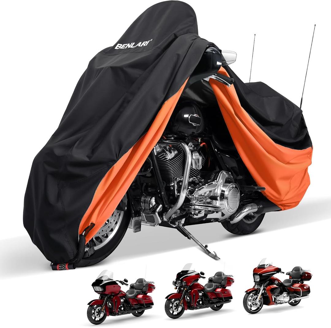 Waterproof Motorcycle Cover with Side Top Box Compatible with Harley Davidson Touring Ultra Limited Street Glide Road Glide Electra Glide Honda Outdoor All Weather Protection, 96.5"
