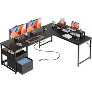 PRAISUN 63 Inch L Shaped Desk with Power Outlets and USB-C Port, Computer Corner Home Office Desk with File Fabric Drawers and Movable Monitor Stand, Larger Storage, Gaming, Writing, Work, Black