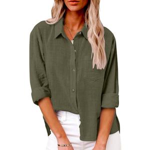 Womens Summer Linen Shirts Casual Button Down 2026 Long Sleeve Cotton Top Blouse Shirt with Pocket (XXL)