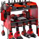 CCCEI Modular Power Tool Organizer Wall Mount with Charging Station. Garage Drill Storage Shelf with Hooks, Heavy Duty Rack, Tool Battery Holder Built in 8 Outlet. Gift for Men. Red, 2 Pack.