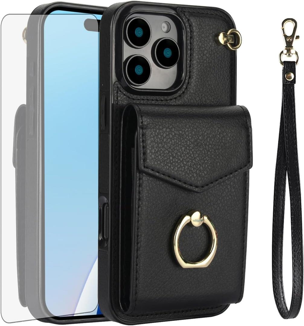Asuwish Compatible with iPhone 16 Pro 6.3 inch Wallet Case Tempered Glass Screen Protector and RFID Blocking Ring Credit Card Holder Leather Cell Phone Cover for i Phone16 i16 16Pro Women Men Black
