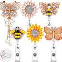 Chinco 6 Pack Retractable Badge Reel for Nurses Teachers, Rhinestone Bling ID Badge Holder with Clip, Cute Sunflower Butterfly Design, Nurse Accessories Gifts for Women