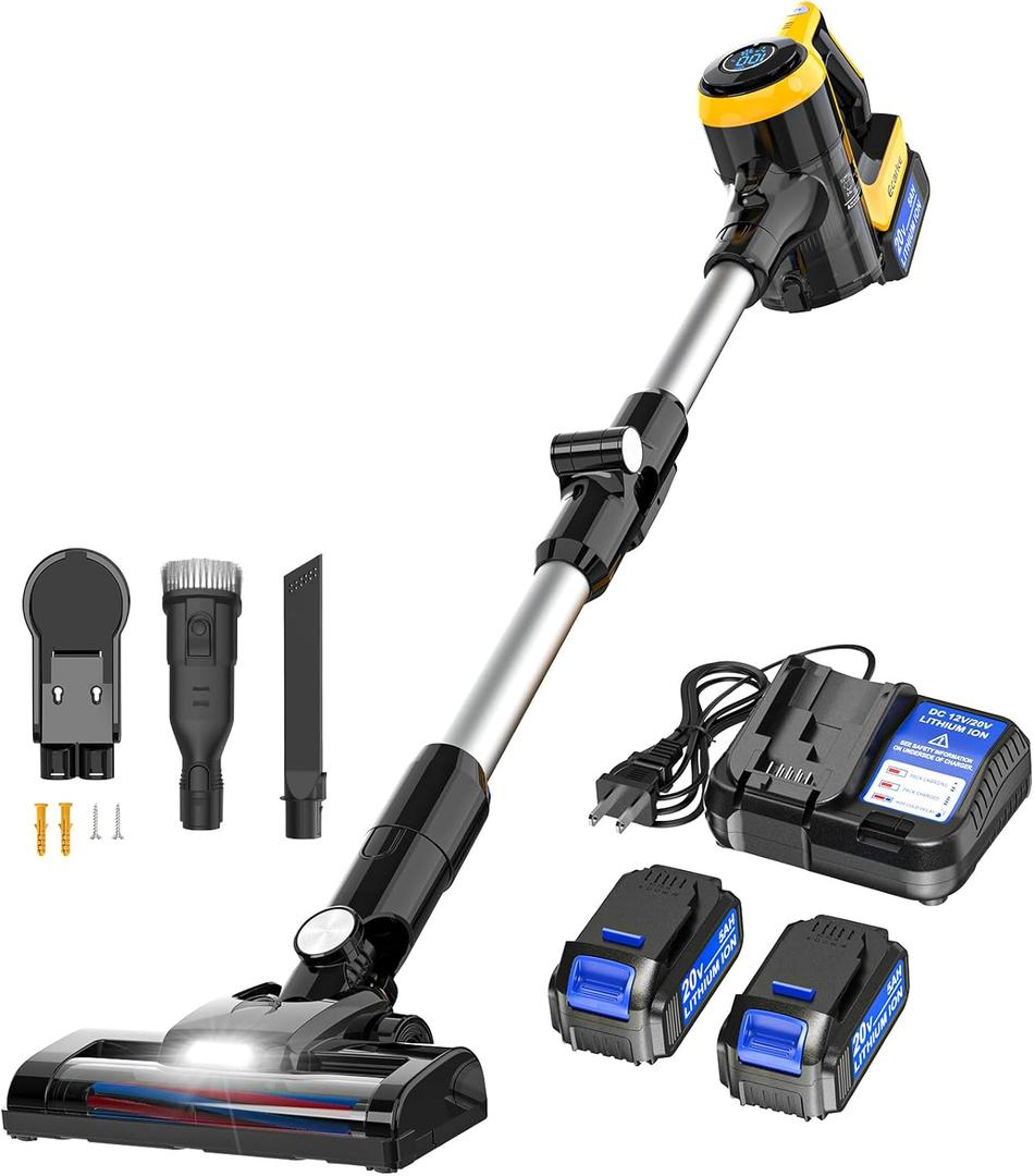 Ecarke Cordless Stick Vacuum Cleaner Compatible with DeWalt Battery, 350W Brushless Motor, 30KPa Suction, 6-in-1 180 Bendable Wand, Smart Screen 2x5AH Batteries & Charger  Hardwood Floors