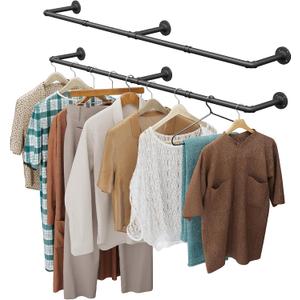 OROPY Clothes Rack, 65.7" Industrial Pipe Clothing Rack 2 Pack for Clothes, Wall Mounted Heavy Duty Space Saving Garment Rack for Closet Storage, Black, 3 Base